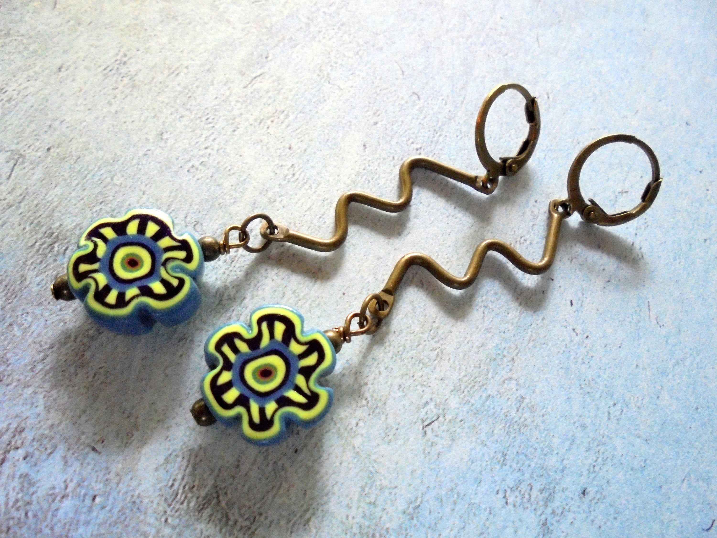 5202 Blue Yellow and Gray Mouse and Flower Boho Earrings