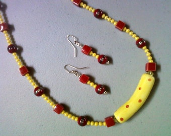 Red and Yellow Polka Dot Necklace and Earrings (0234)