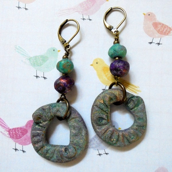 Aqua Blue and Purple Rustic Boho Ethnic Clay Hoop Earrings (3607)