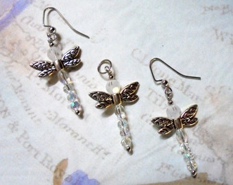 Crystal and Silver Dragonfly Pendant and Earrings (2673)