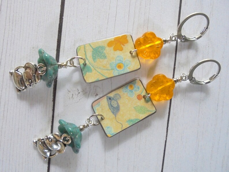 5202 Blue Yellow and Gray Mouse and Flower Boho Earrings
