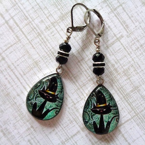 Black Cat Witch Halloween Boho Earrings (10607)