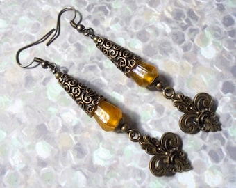 Yellow and Brass Fleur De Lis Boho Earrings (3115)