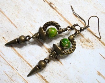 Green and Brass Boho Earrings (3567)