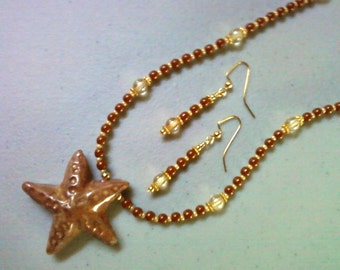 Brown and Beige Starfish Necklace and Earrings (0311)