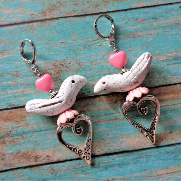 Pink and White Love Bird Earrings (7452)