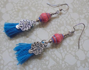 Aqua Blue, Red, Pink and Silver Peacock Tassel Boho Earrings (4142)