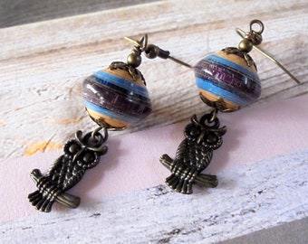 Brown, Tan, Blue and Brass Owl Boho Earrings (4307)