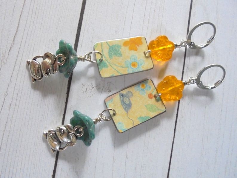 5202 Blue Yellow and Gray Mouse and Flower Boho Earrings