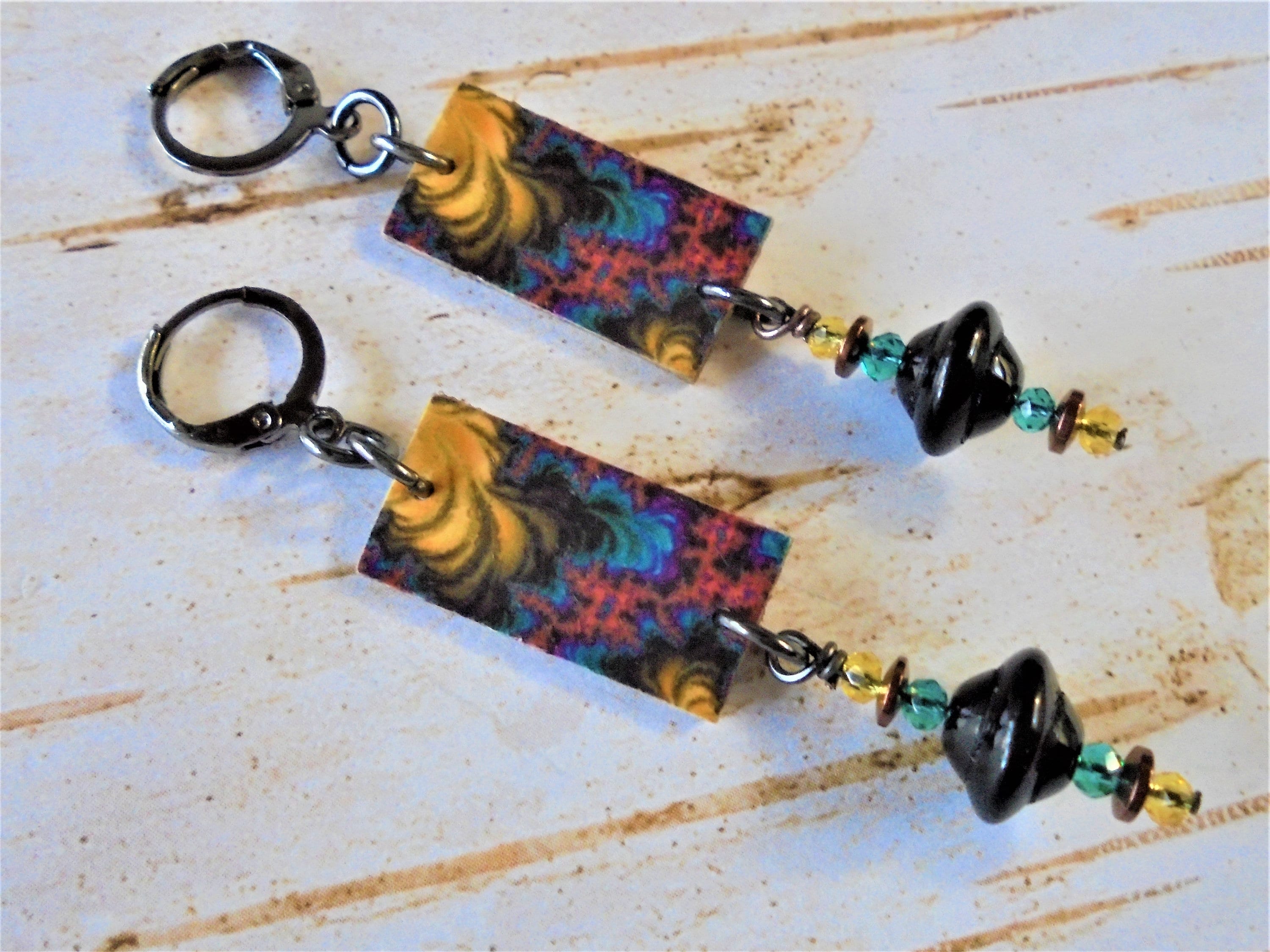 5202 Blue Yellow and Gray Mouse and Flower Boho Earrings