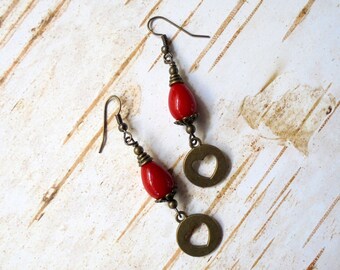 Red and Brass Heart Earrings (2497)
