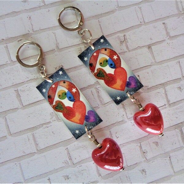 Red, Blue, Purple, Green and Yellow Boho Valentine Heart Earrings (7943)