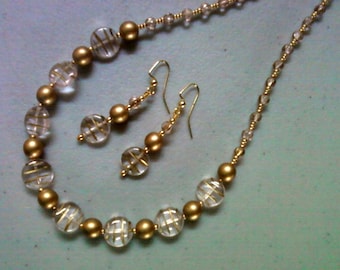 Gold and Crystal Necklace and Earrings (0878)