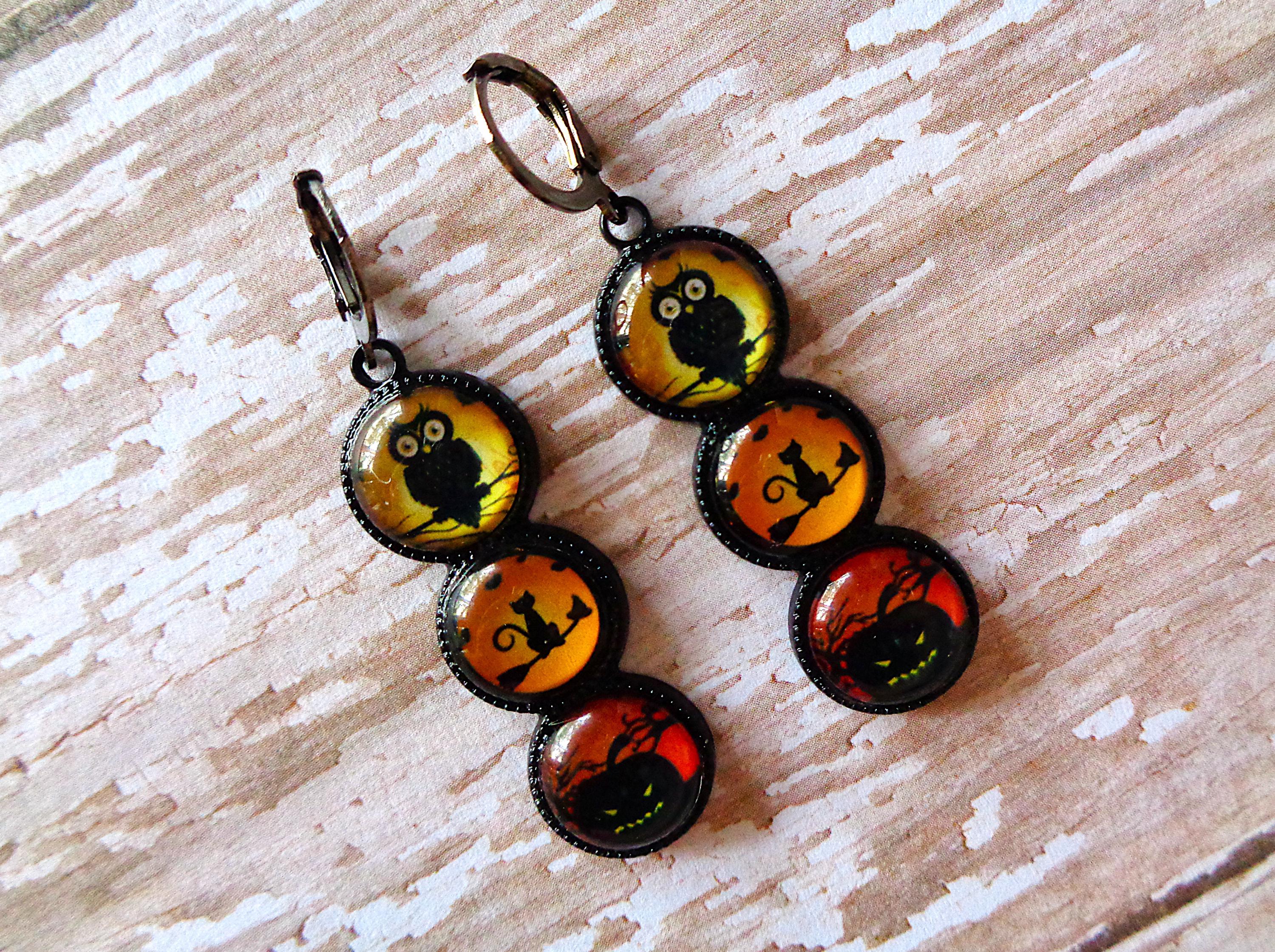 Owl, Black Cat and Jack-o-Lantern Halloween Earrings (11165)