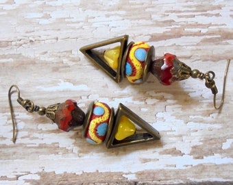 Yellow, Red, Teal and Brass Boho Ethnic Earrings (3486)