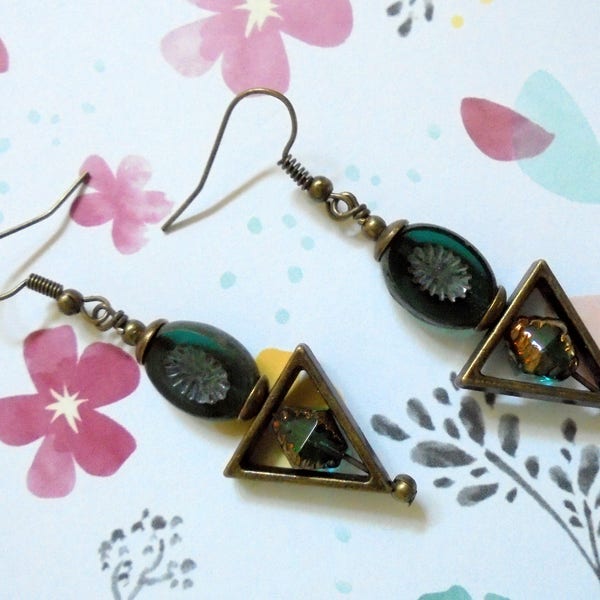 Dark Aqua Blue and Brass Boho Earrings (3595)