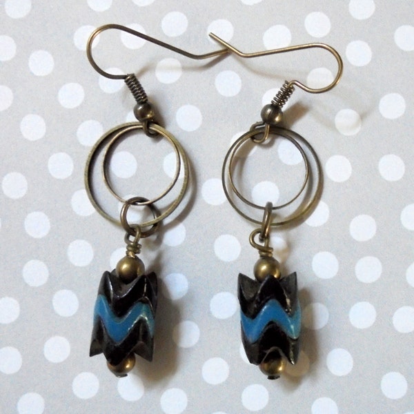 Black and Teal Blue Ethnic Chevron Earrings (2999)