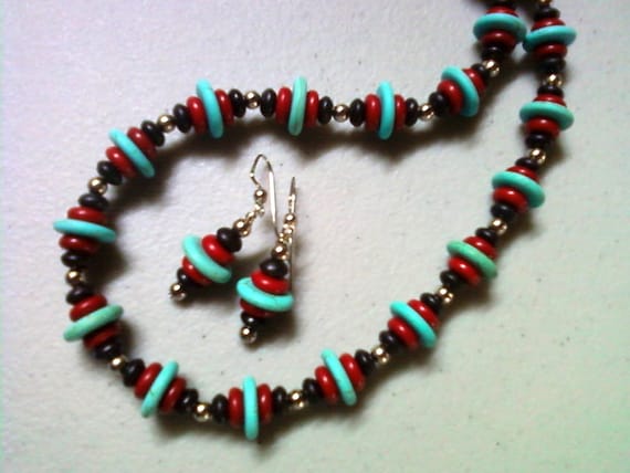 Black, Red, Turquoise and Silver Necklace and Earrings (0812)