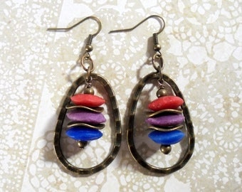 Red, Lavender, Blue and Brass Boho Ethnic Earrings (4205)