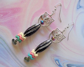 Silver, Black, Pink, Turquoise and White Boho Owl Earrings (4371)