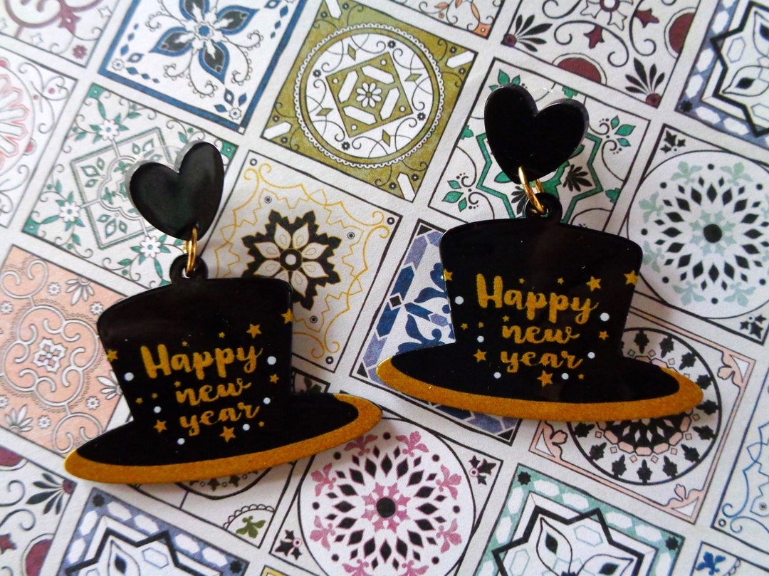 New Years Black and Gold Top Hat Earrings (10053) - Etsy