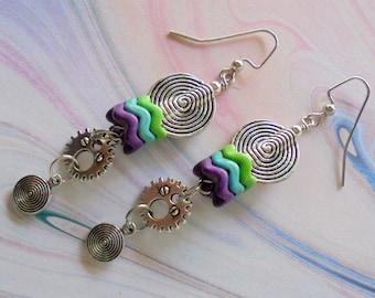 Purple, Turquoise and Green Steampunk Earrings (4374)