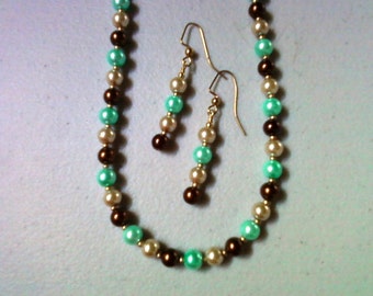 Chocolate Brown, Teal and Tan Pearl Necklace and Earrings (0415)