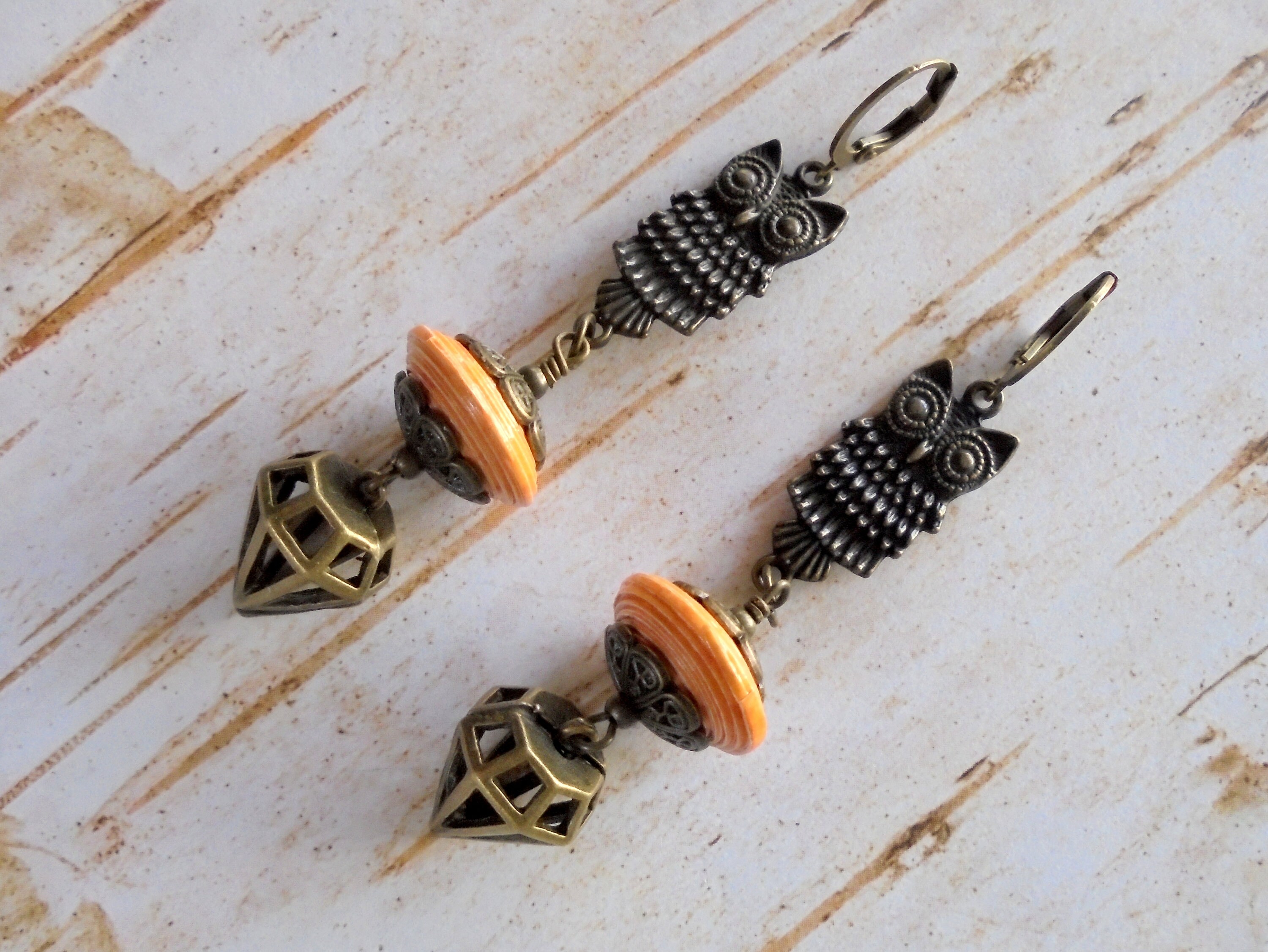 Brass and Orange Owl Boho Earrings (4329)
