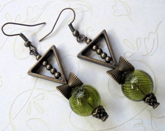 Olive Green and Brass Boho Earrings (3344)