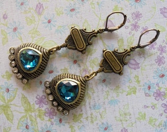 Teal Blue, Crystal and Brass Boho Earrings (4348)