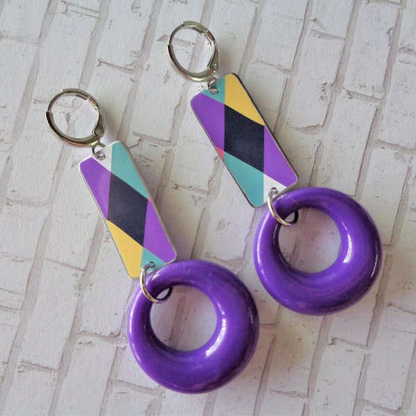 Checkered Purple Tin Boho Hoop Earrings (8123)