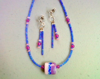 Fuschia, Blue and Pink Necklace and Earrings (0206)