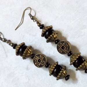 Black and Brass Oriental Coin Earrings (2773)