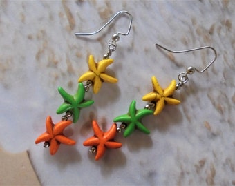 Orange, Yellow and Green Triple Starfish Earrings (5658)
