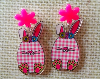 Pink and White Gingham Boho Easter Bunny Boho Earrings (10225)