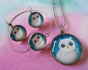 Adorable collier, boucles d'oreilles et bracelet hibou blanc et turquoise (4963)