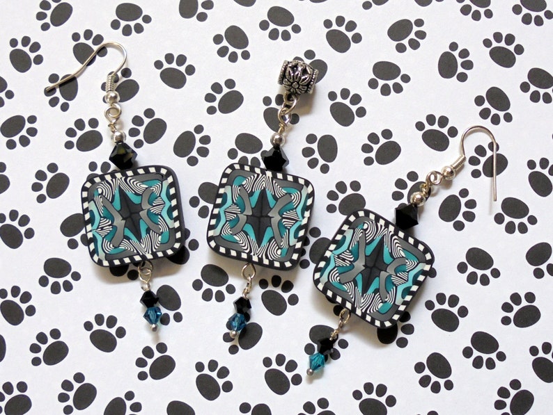 0592 White and Teal Pendant and Earrings Black