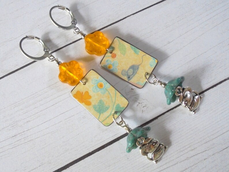 5202 Blue Yellow and Gray Mouse and Flower Boho Earrings