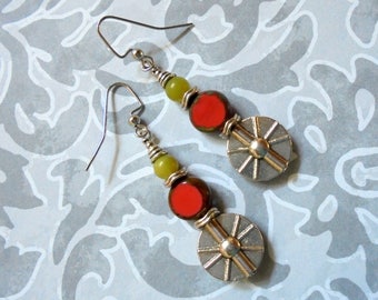 Coral, Light Olive Green and Silver Sunburst Earrings (3593)