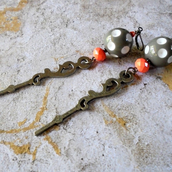 Coral, Gray and White Polka Dot Steampunk Clock Part Earrings (5310)