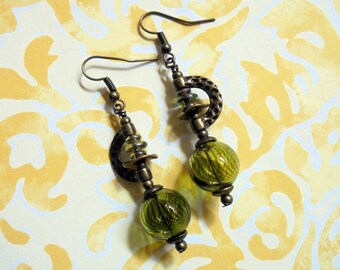 Olive Green and Brass Striped Boho Earrings (3357)
