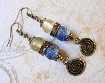 Blue, Crystal and Brass Ethnic Earrings (2895)