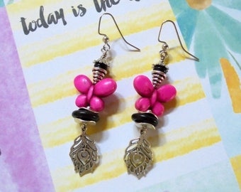 Hot Pink, Black and Silver Butterfly Boho Earrings (3515)