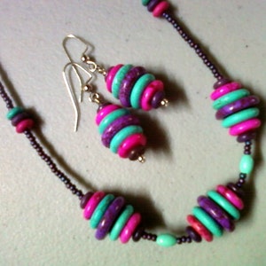Bright Purple, Pink and Turquoise Necklace and Earrings (0810)