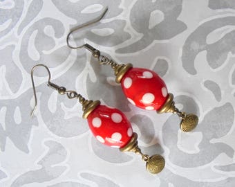 Red and White Spotted Ethnic Earrings (4067)