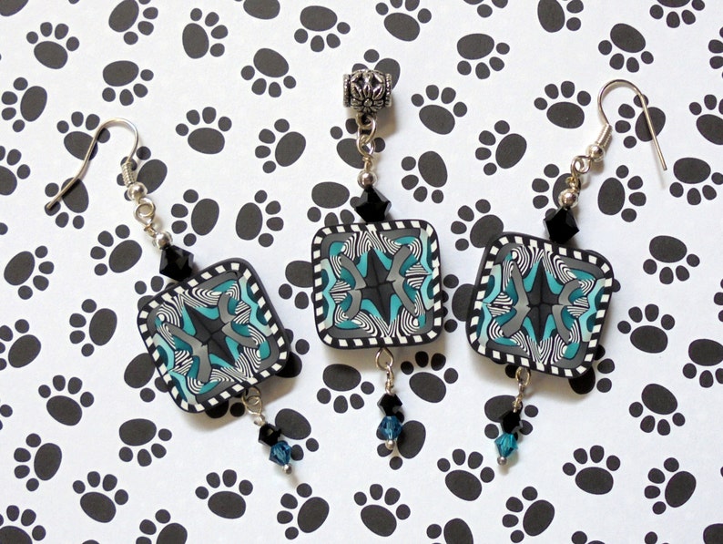 0592 White and Teal Pendant and Earrings Black