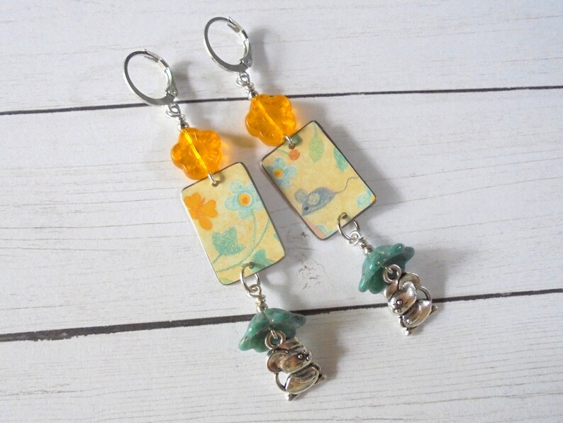 5202 Blue Yellow and Gray Mouse and Flower Boho Earrings