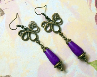 Violet and Brass Boho Drop Earrings (3108)