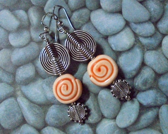 Orange and Silver Sprial Earrings (2885)