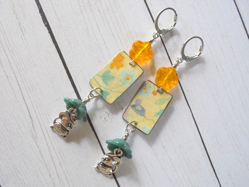 5202 Blue Yellow and Gray Mouse and Flower Boho Earrings